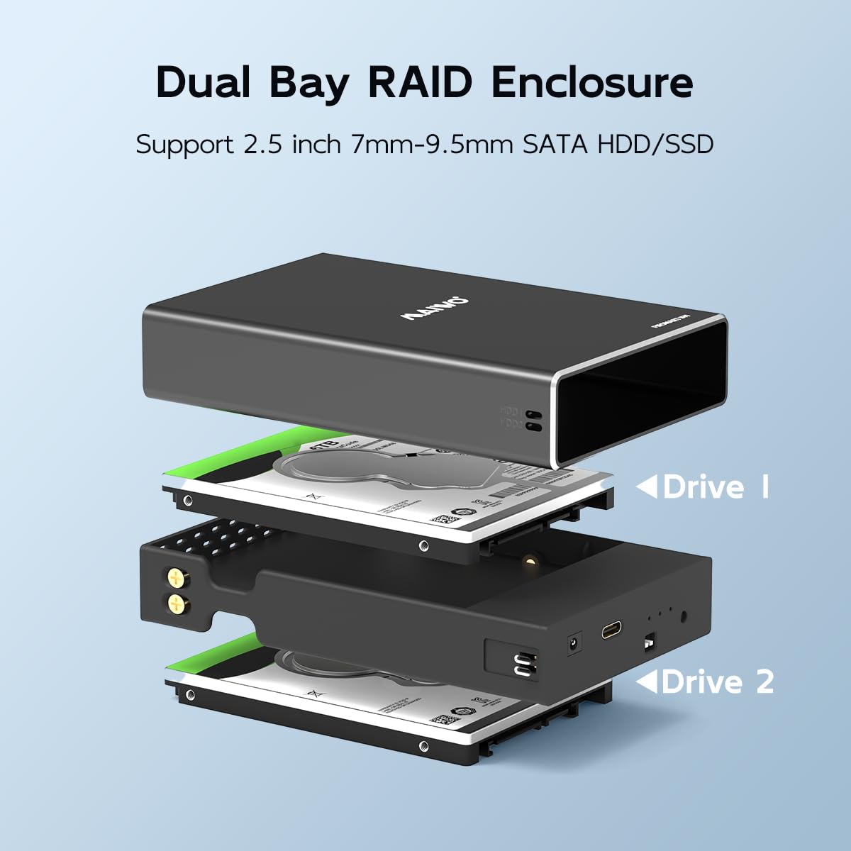 MAIWO Dual Bay Hard Drive RAID Enclosure for 2.5 Inch SATA SSD HDD